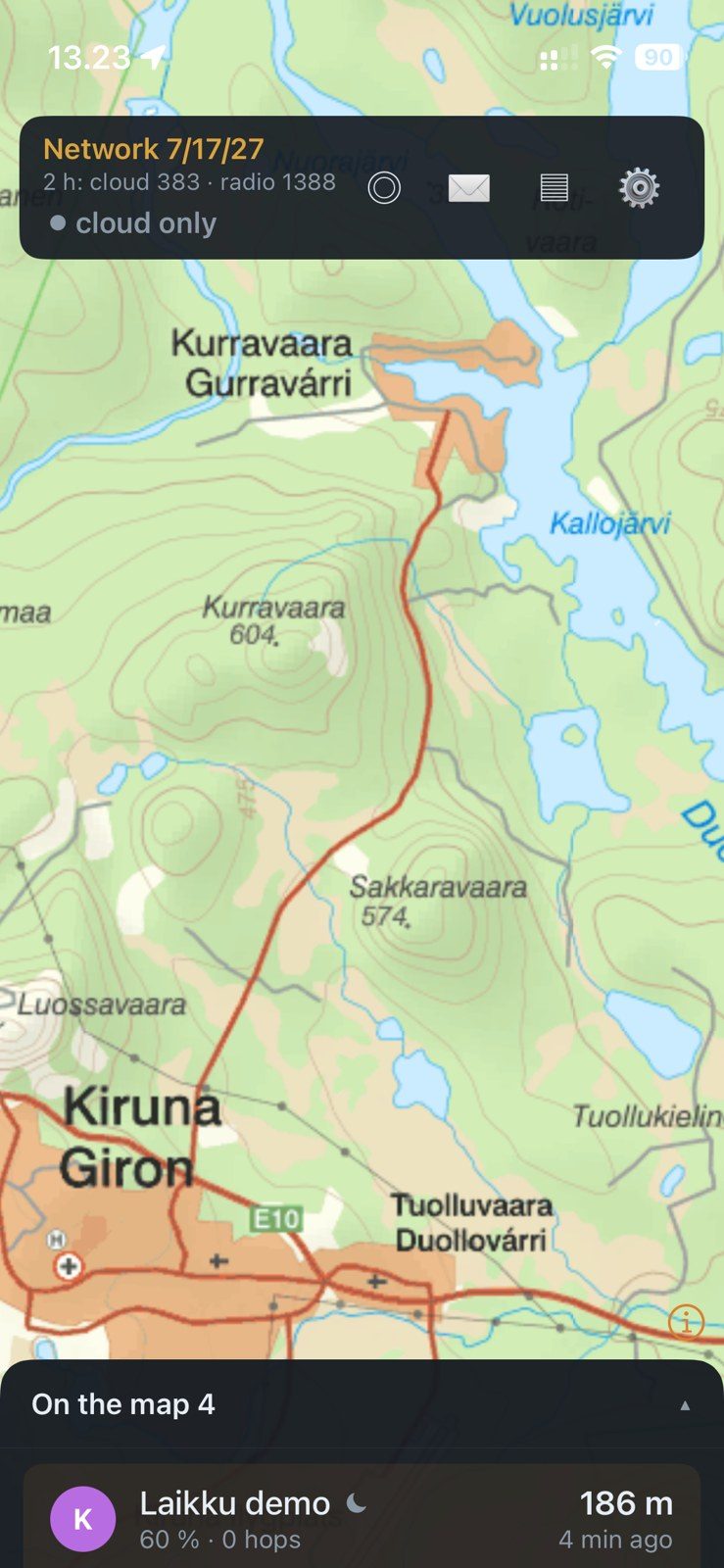 Ruotsin maastokartta sovelluksessa Kiirunan kulmilla.